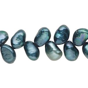 Pearl, cultured freshwater (dyed), spruce, 8x7mm-10x8mm herringbone-drilled flat-sided rice with 0.4-0.6mm hole, C- grade, Mohs hardness 2-1/2 to 4. Sold per 15-inch strand.