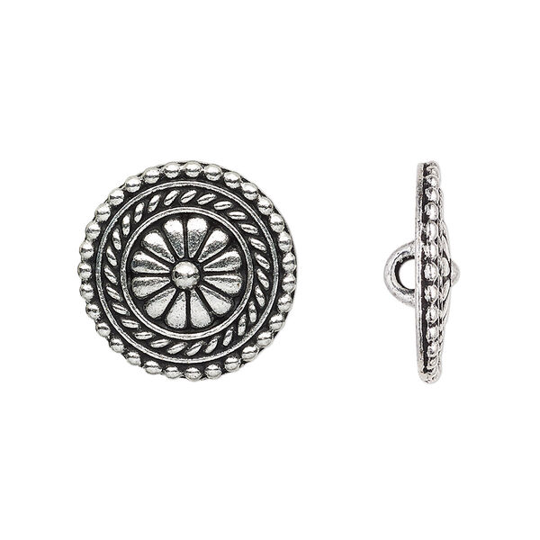 Button, TierraCast®, antique silver-plated pewter (tin-based alloy), 18mm beaded flat round with flower and loop. Sold per pkg of 20. image number 0