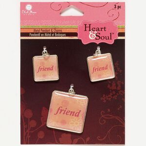 Drop mix, silver-finished "pewter" (zinc-based alloy)/resin/steel, clear/red/yellow, (2) 17mm and (1) 25mm square with "friend" and flower design. Sold per pkg of 3.
