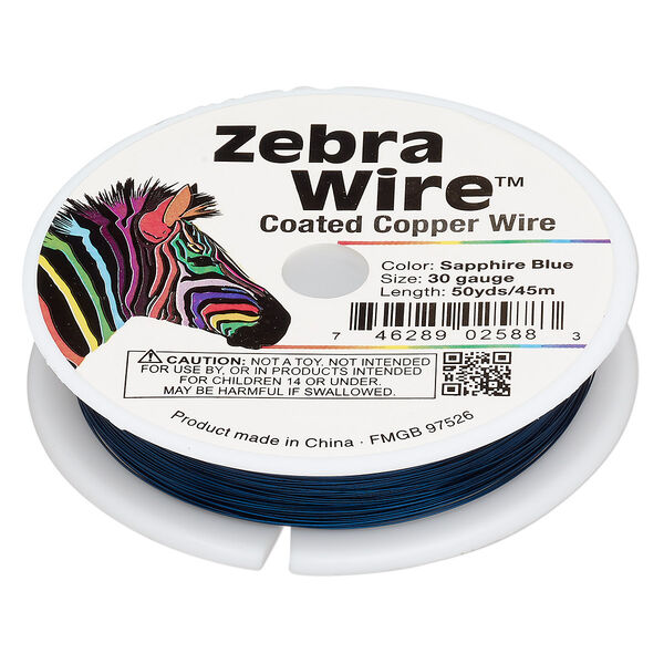 Wire, Zebra Wire™, color-coated copper, sapphire blue, round, 30 gauge. Sold per 50-yard spool. image number 0