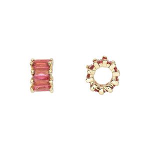 Bead, cubic zirconia and gold-plated brass, fuchsia, 10.5x6mm rondelle. Sold per pkg of 2.