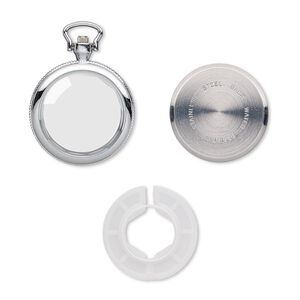 Watch body, glass / stainless steel / silver-plated "pewter" (zinc-based alloy), 54x40mm round. Sold per 4-piece set.