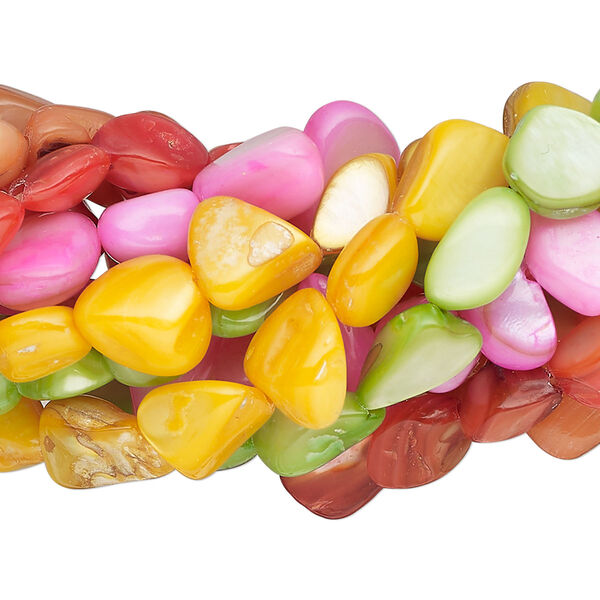 Bead mix, mother-of-pearl shell (dyed), mixed colors, small to extra-large chip and pebble, Mohs hardness 3-1/2. Sold per pkg of (5) 34-inch strands. image number 0