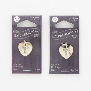 Charm, gold-finished "pewter" (zinc-based alloy) / steel / acrylic rhinestone, clear, 15.5x15mm single-sided puffed heart with letter "T." Sold per pkg of 2.