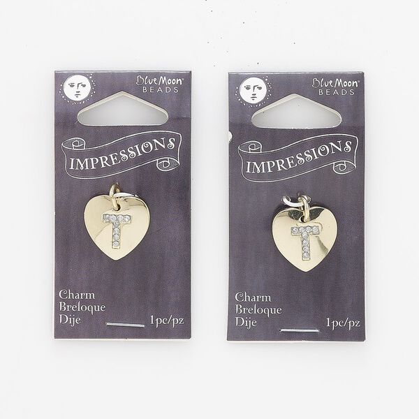 Charm, gold-finished "pewter" (zinc-based alloy) / steel / acrylic rhinestone, clear, 15.5x15mm single-sided puffed heart with letter "T." Sold per pkg of 2. image number 0