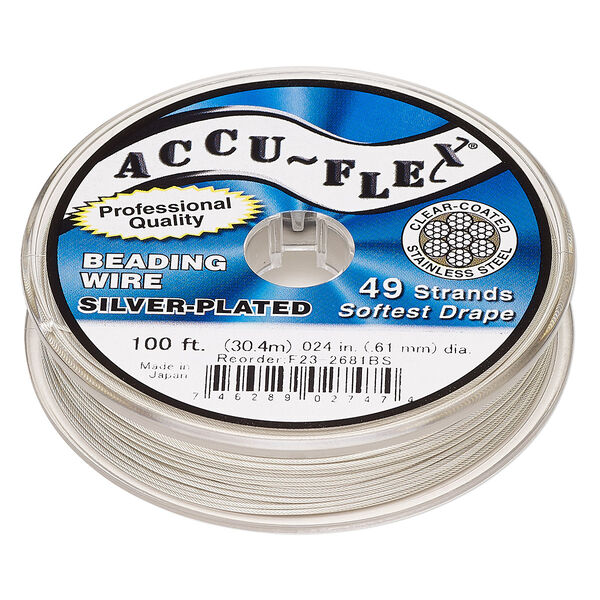 Beading wire, Accu-Flex®, nylon and silver-plated stainless steel, clear, 49 strand, 0.024-inch diameter. Sold per 100-foot spool. image number 0
