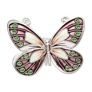 Focal, cloisonné, sterling silver and enamel, purple and multicolored, 36x27mm butterfly. Sold individually.