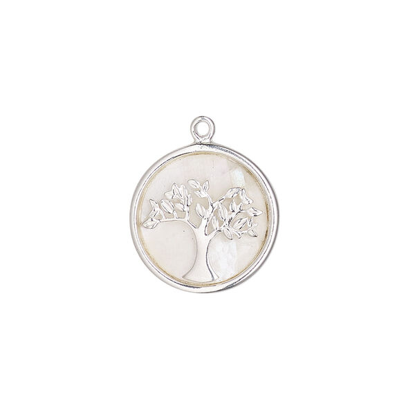 Drop, sterling silver and mother-of-pearl (bleached), 16mm round single-sided round with tree of life. Sold individually. image number 0