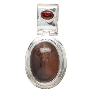 Pendant, red tigereye (heated) / garnet (heated) / sterling silver, 46x23mm oval. Sold individually.