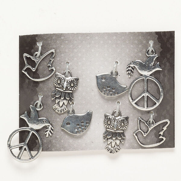Charm assortment brass 8pk 15x10mm-24x16mm mixed bird shapes, antique silver finish image number 0