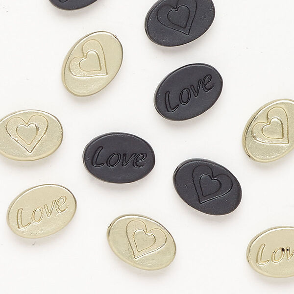 Bead 1pkg11 brass, 11x8mm 2-sided oval / "love" / "heart," assortment matte gold finish / matte black finish image number 0