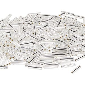 Bead, Miyuki, bugle bead, glass, pkg/50 g, 12x2.4mm center-drilled, silver-lined translucent crystal clear, silver, (RBU-0001).
