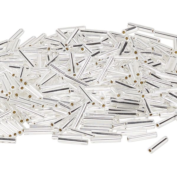 Bead, Miyuki, bugle bead, glass, pkg/50 g, 12x2.4mm center-drilled, silver-lined translucent crystal clear, silver, (RBU-0001). image number 0