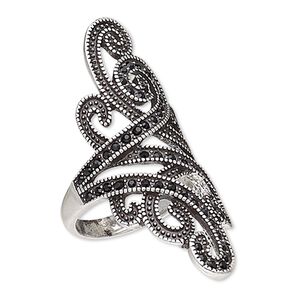 Ring, Austrian crystal and antique silver-plated "pewter" (zinc-based alloy), black, 45mm wide with swirl design, size 8. Sold individually.