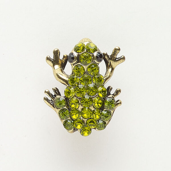 Bead, slide, brass and glass, pkg/1, 25x20mm frog, antique brass finish and multicolored. image number 0