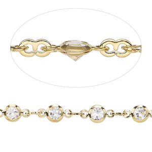 Chain 1pkg1 round & figure 8, 5mm / 3mm, gold-finished brass / clear glass 1 meter unfinished