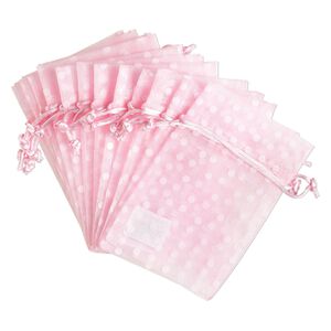 Pouch, flocked organza, pink and white, 6x4 inches with dots pattern and drawstring closure. Sold per pkg of 12.