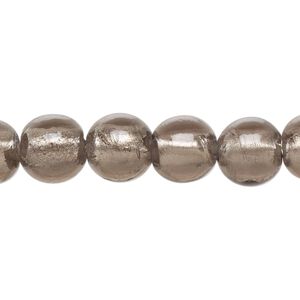 Bead, glass, opaque grey, 10mm round with silver-colored foil. Sold per 8-inch strand, approximately 20 beads.