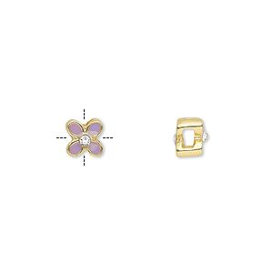 Bead, epoxy / glass rhinestone / gold-finished "pewter" (zinc-based alloy), purple and clear, 6x6mm cross-drilled double-sided flower with 2mm hole. Sold per pkg of 4.