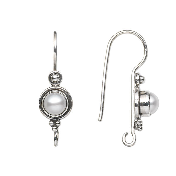 Ear wire, cultured freshwater pearl (bleached) and sterling silver, 29mm fishhook with 5.5mm round and open loop, 19 gauge. Sold per pair. image number 0