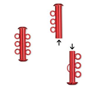 Clasp, 3-strand slide lock, electro-coated brass, red, 21.5x6mm tube. Sold per pkg of 2.