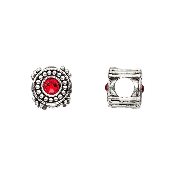 Bead, Dione®, antique silver-plated pewter (tin-based alloy) and crystal rhinestone, ruby red, 10mm double-sided round. Sold individually. image number 0