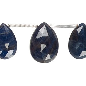 Blue sapphire 1pkg3, hand-cut top-drilled faceted puffed teardrop bead graduated 15x9mm-17x11mm