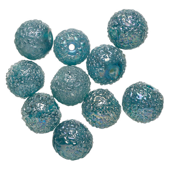 Bead, lampworked glass, translucent teal blue AB, 12mm textured round. Sold per pkg of 10. image number 0