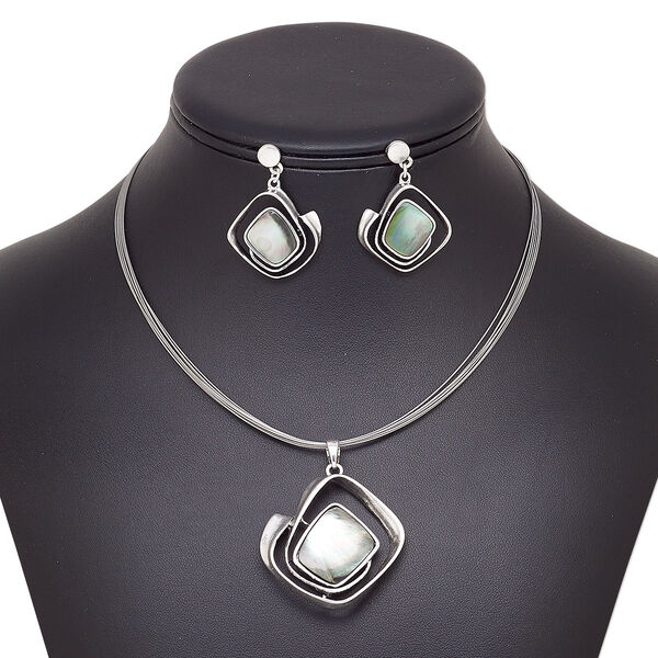 Necklace and earring set, multi-strand, black lip shell (natural) / stainless steel / antique silver-plated brass / steel / "pewter" (zinc-based alloy), 40x38mm diamond, 15" to 16" strand necklace with 2-inch extender chain and lobster claw clasp, 38mm earrings with post. Sold per set. image number 0