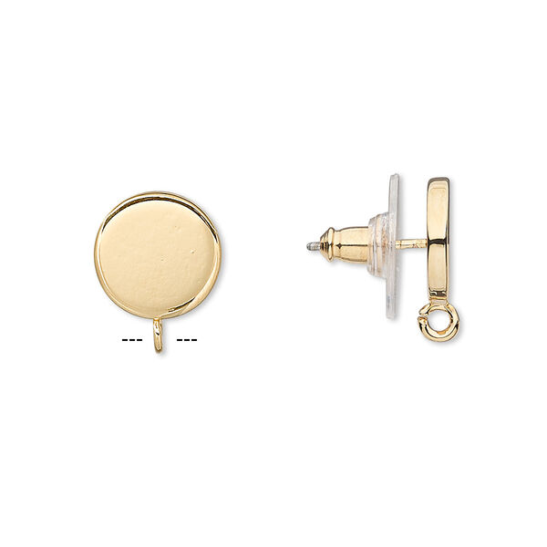 Earstud, gold-plated steel and stainless steel, 10mm round with open loop. Sold per pkg of 2 pairs. image number 0