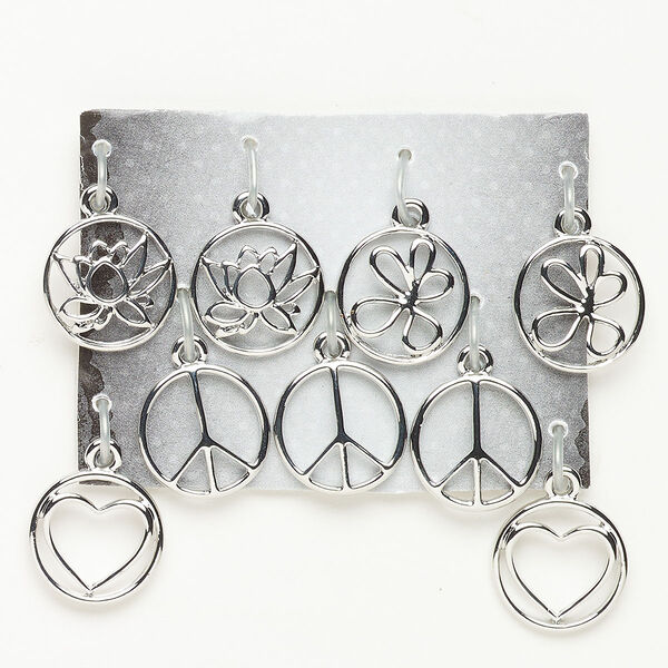Charm assortment "pewter" zinc-based alloy 9pk 15mm round mixed cutout design, silver finish image number 0