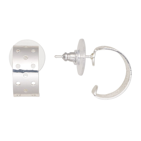Earstud, acrylic and silver-finished brass, clear, 16x8mm perforated hoop. Sold per pkg of 5 pairs. image number 0