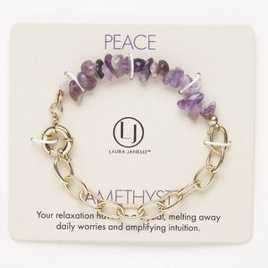 Bracelet, steel / brass / amethyst (natural), pkg/1, 6 inches with springring clasp, gold finish.