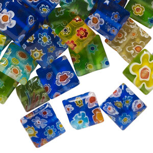 Bead mix, millefiori glass 1pkg2oz, opaque to transparent mixed colors, 8-11mm puffed square.