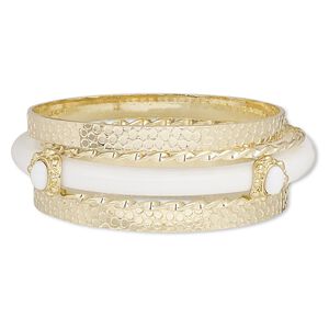 Bracelet, bangle, enamel / acrylic / gold-coated plastic / gold-finished steel, white, 3-8mm wide, 8 inches. Sold per 5-piece set.