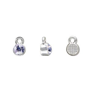 Drop, silver-finished "pewter" (zinc-based alloy) and glass rhinestone, light amethyst, 6mm faceted round, June birthstone. Sold per pkg of 10.