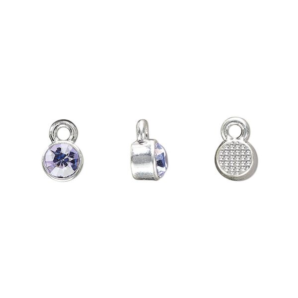 Drop, silver-finished "pewter" (zinc-based alloy) and glass rhinestone, light amethyst, 6mm faceted round, June birthstone. Sold per pkg of 10. image number 0