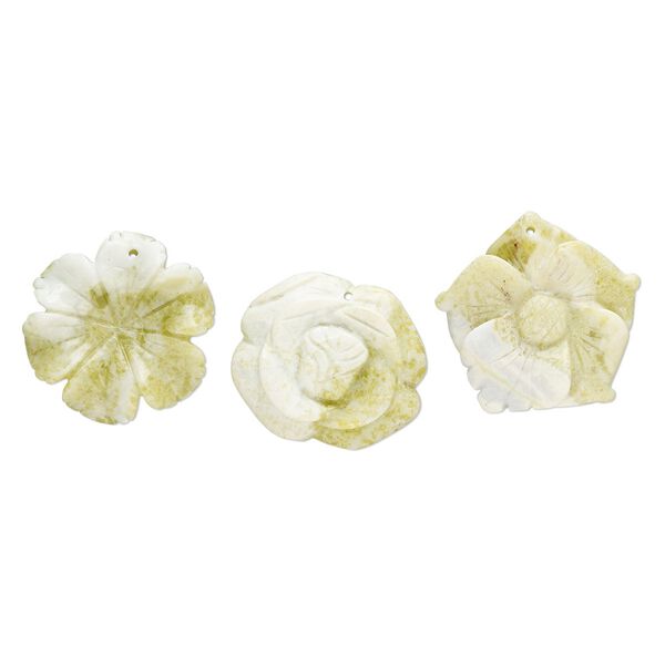 Peridot new "jade" 1pkg3, top-drilled carved flower focal natural mix 40x34mm-40x40mm image number 0