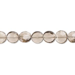 Smoky quartz 1pkg1, hand-cut faceted puffed flat round bead 7 inch 6-8mm