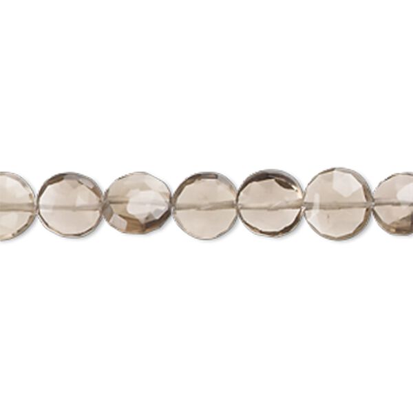 Smoky quartz 1pkg1, hand-cut faceted puffed flat round bead 7 inch 6-8mm image number 0