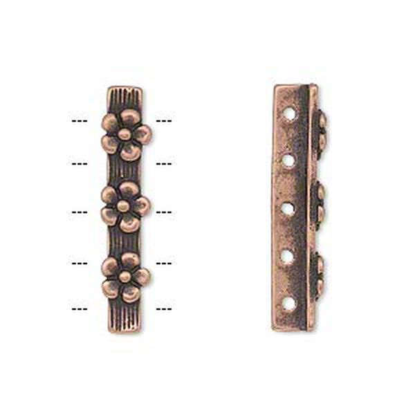 Spacer bar, JBB Findings, antique copper-plated pewter (tin-based alloy), 26x5mm 5-strand single-sided bar with flower design, fits up to 4mm bead. Sold individually. image number 0