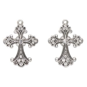 Focal, antique silver-finished "pewter" (zinc-based alloy) and glass, clear, 30x24mm fancy cross. Sold per pkg of 2.