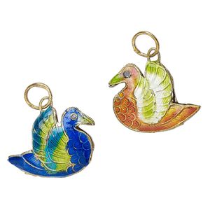 Charm mix, cloisonné, enamel and gold-finished copper, multicolored, 26x20mm double-sided puffed duck. Sold per pkg of 2.