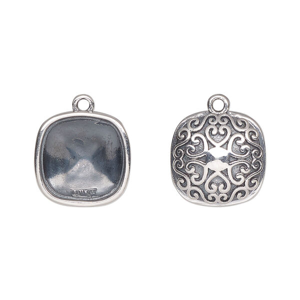 Drop, Almost Instant Jewelry®, antiqued sterling silver, 14mm rounded square with 12mm cushion setting and heart and swirl back design. Sold individually. image number 0