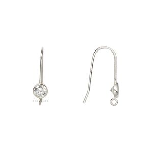 Ear wire fishhook 1pkg2 sterling silver / cubic zirconia, 15mm / 4mm faceted round / open loop, 21 gauge clear 1 pair