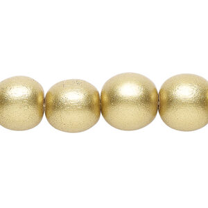 Bead 1pkg1, Taiwanese cheesewood (coated), painted metallic yellow gold, 11-12 round, 15-1/2 to 16 inches.
