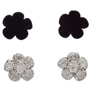 Sew-on component, velveteen and silver-finished copper French wire, black, 1-1/2 x 1-1/2 inch flower. Sold per pkg of 2.