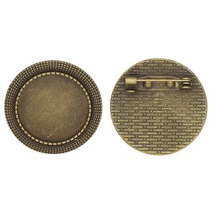 Brooch back, glue-in, antique brass-finished "pewter" (zinc-based alloy), 28mm single-sided round with textured edge and 20mm round setting. Sold per pkg of 2.