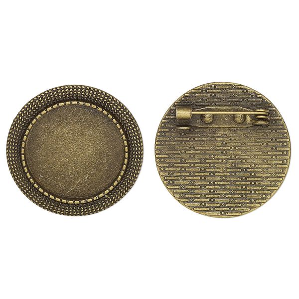 Brooch back, glue-in, antique brass-finished "pewter" (zinc-based alloy), 28mm single-sided round with textured edge and 20mm round setting. Sold per pkg of 2. image number 0