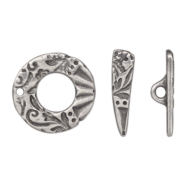 Clasp, TierraCast®, "Vida Mas Dulce" collection, toggle, antiqued pewter (tin-based alloy), 19.5x19mm ring with flora design. Sold per pkg of 10. image number 0